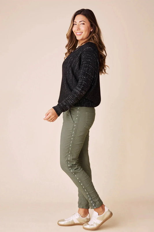 Abbie Studded Crinkle Jogger Military Green