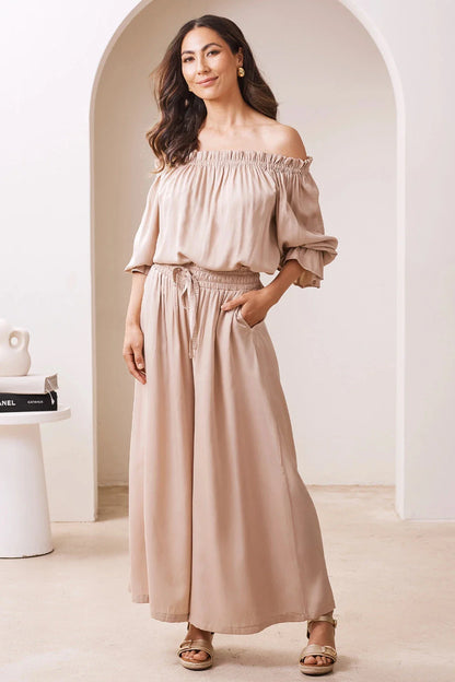 Vittoria Smocked Waist Wide Leg Pants Taupe