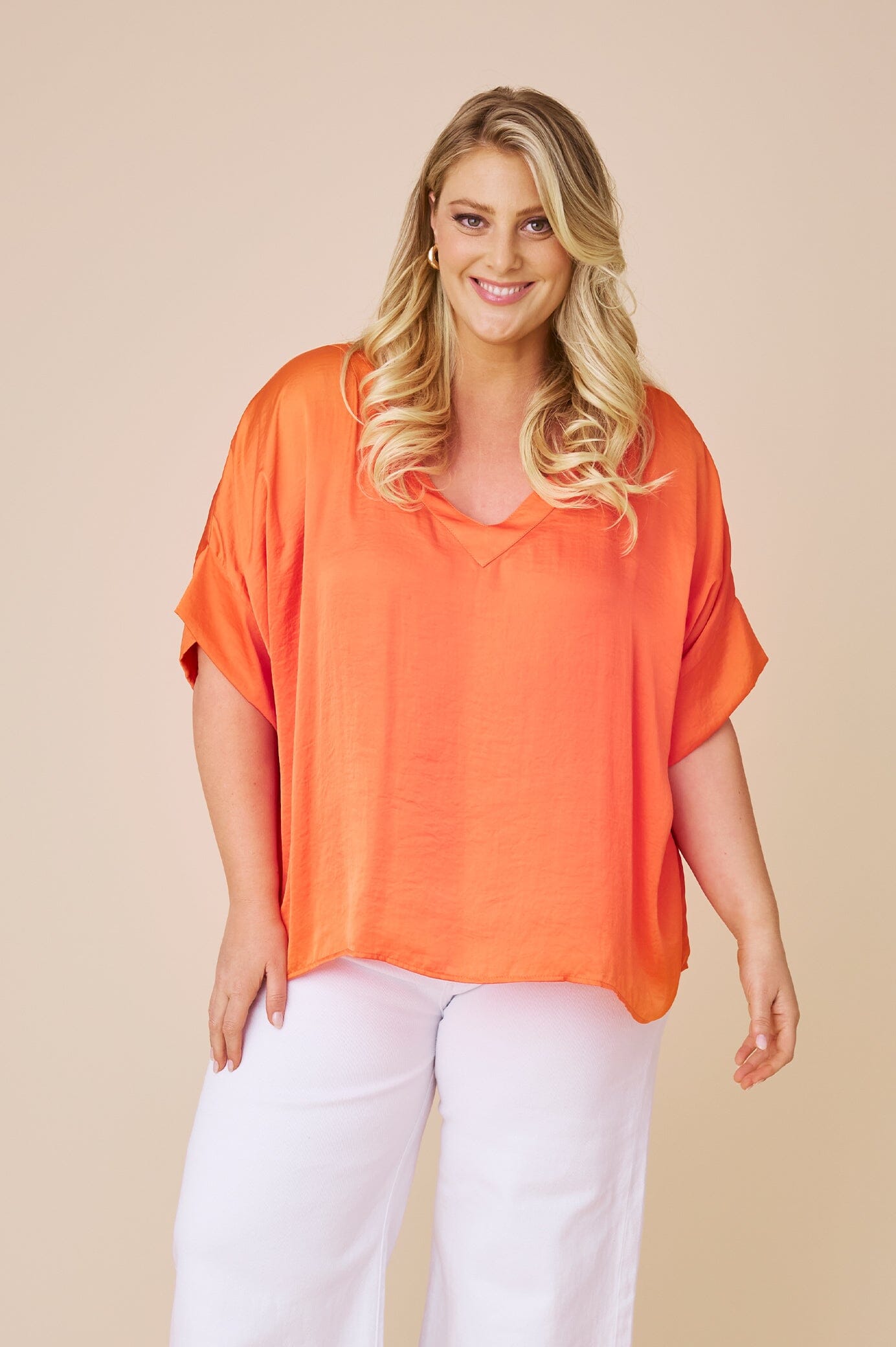Bianca Short Sleeve Top Orange with V Neck