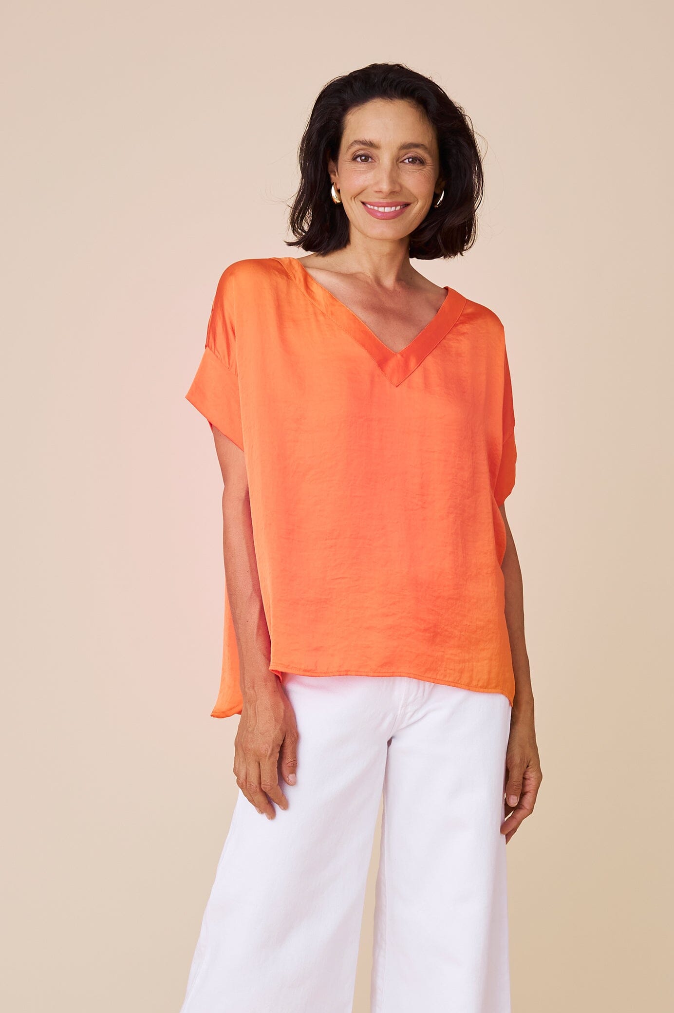 Bianca Short Sleeve Top Orange with V Neck