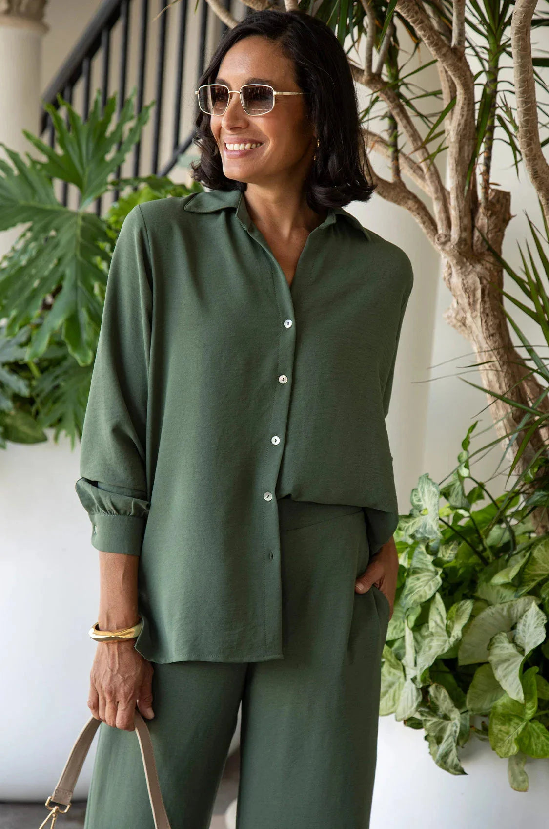 Paola Long Sleeve Collared Top Olive - Pre Order