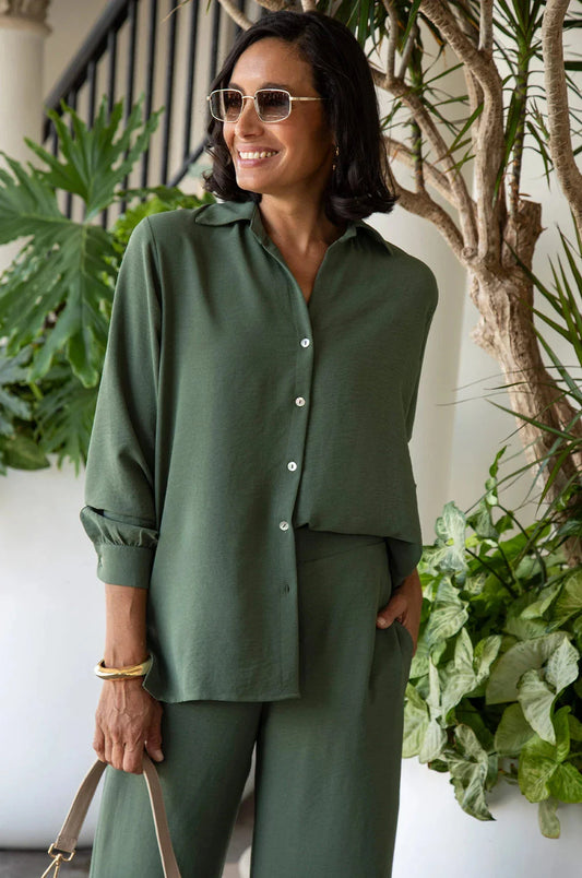 Paola Long Sleeve Collared Top Olive - Pre Order