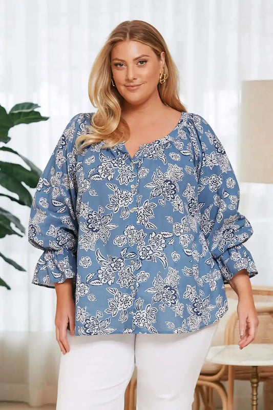 Sylvie Mid Sleeve Top Blue Floral