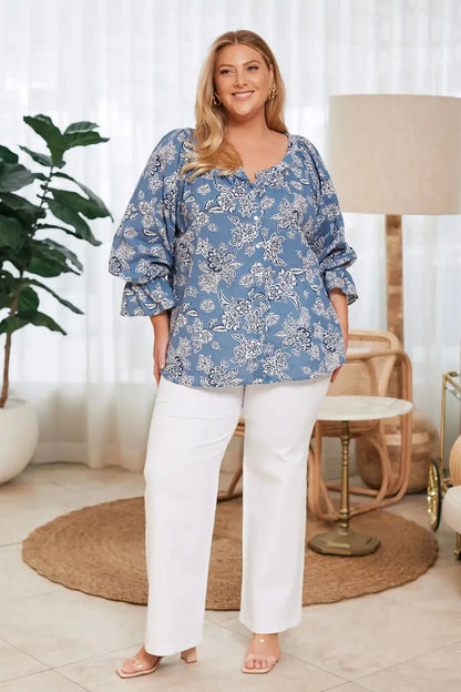 Sylvie Mid Sleeve Top Blue Floral