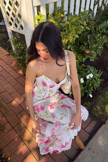 Charlisa Strappy Back Ruffle Maxi Dress Flowers White