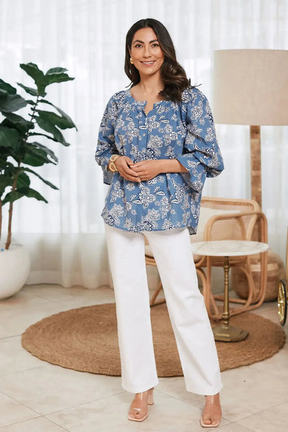 Sylvie Mid Sleeve Top Blue Floral