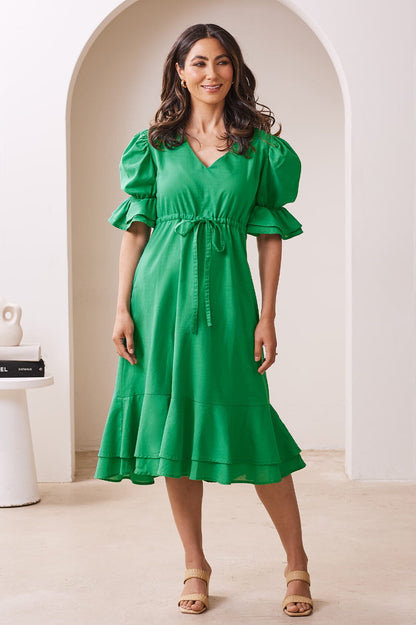 Laguna Short Balloon Sleeves V-Neck Midi Dress Emerald