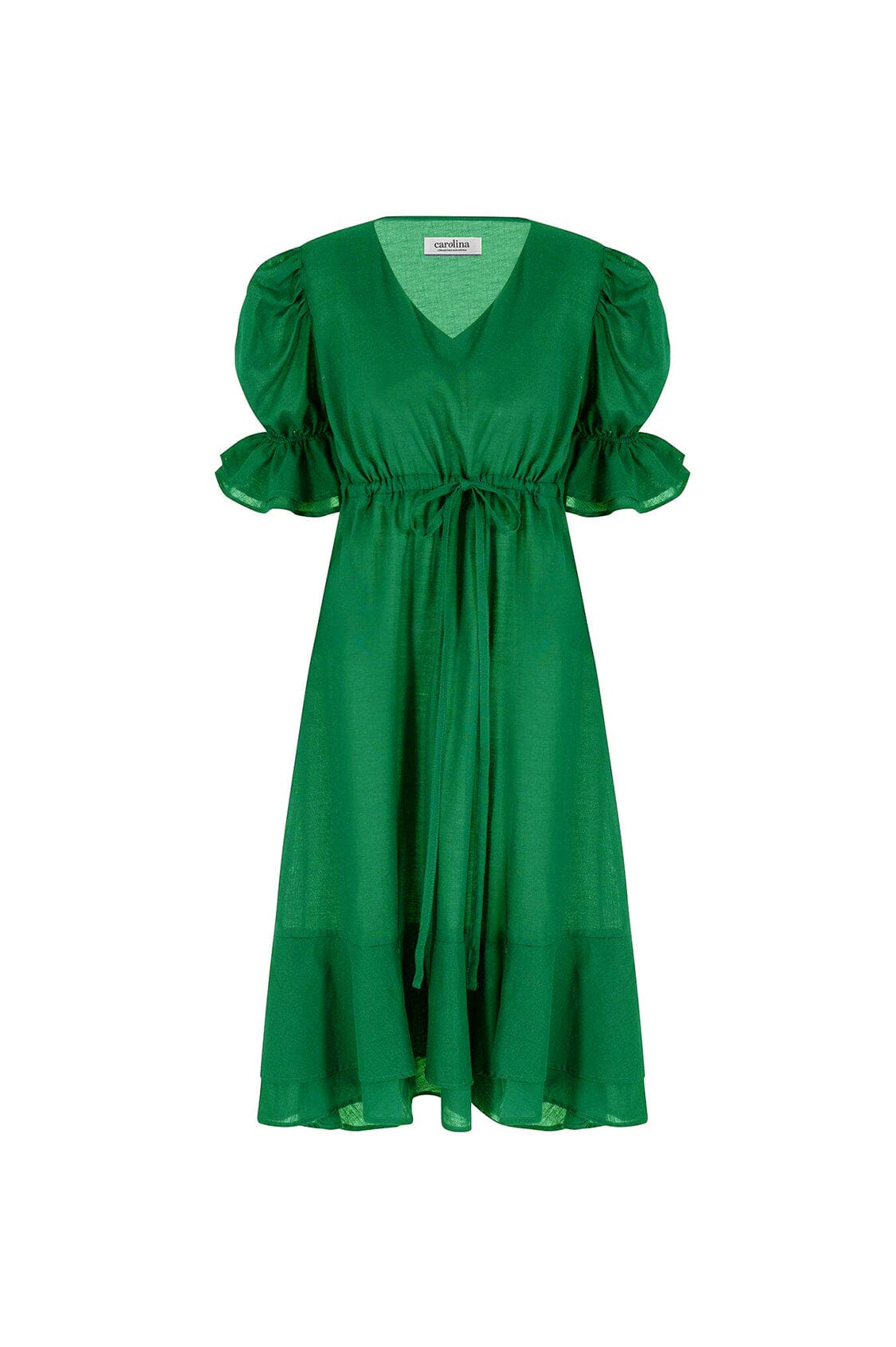 Laguna Short Balloon Sleeves V-Neck Midi Dress Emerald