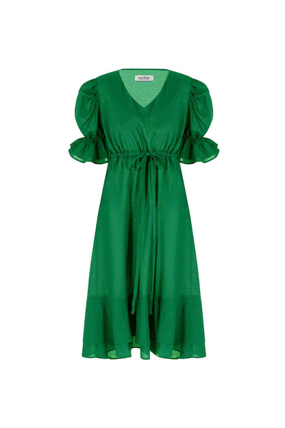 Laguna Short Balloon Sleeves V-Neck Midi Dress Emerald