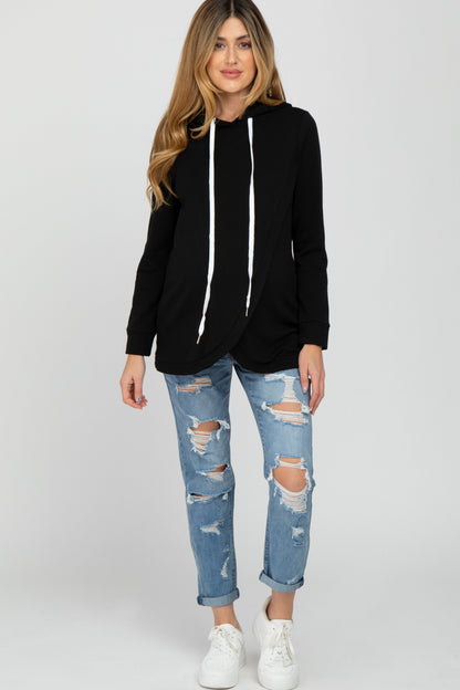 Black Layered Front Maternity/Nursing Fleece Hoodie