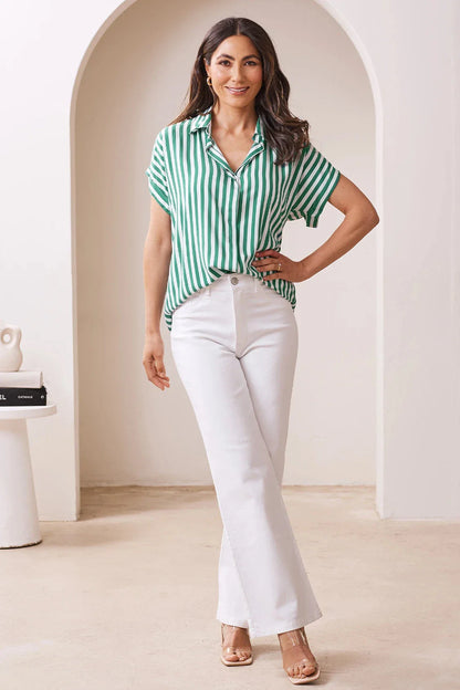 Francesca Short Sleeve Striped Collared Top Emerald and White