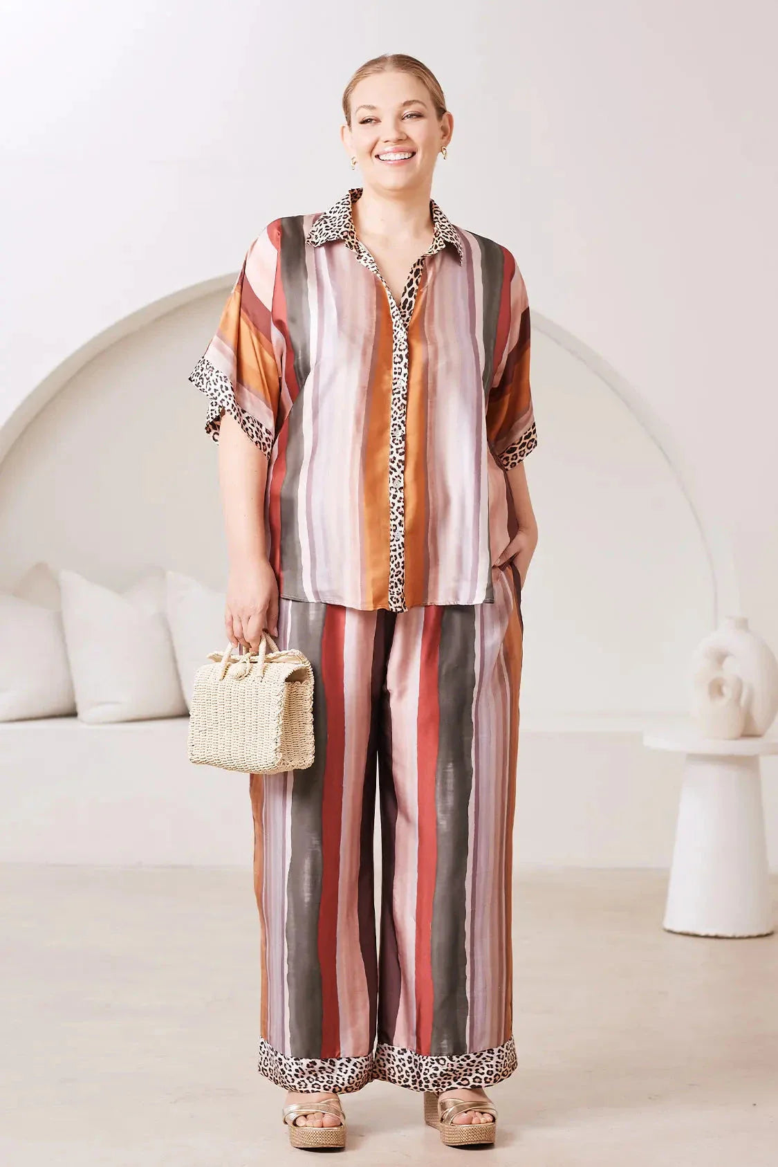 Stella Straight Leg Tie Striped Animal Print Pants
