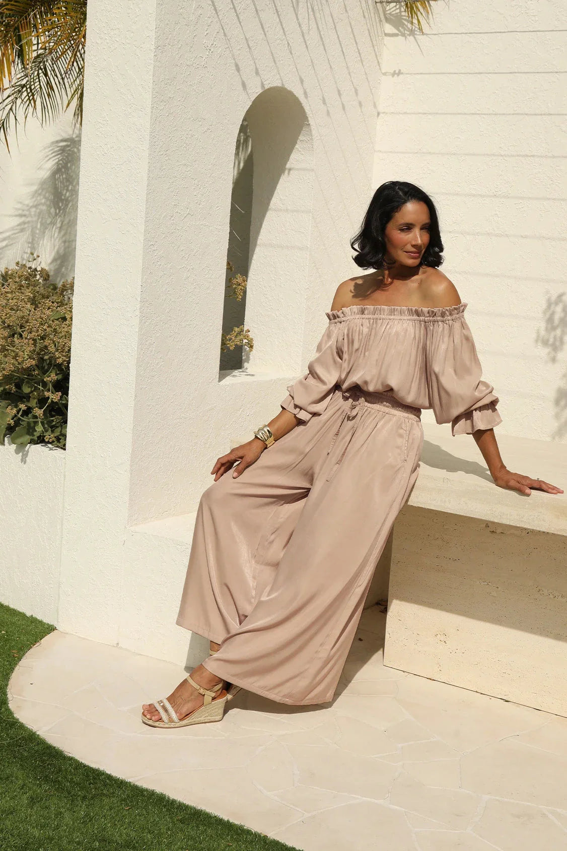 Vittoria Smocked Waist Wide Leg Pants Taupe