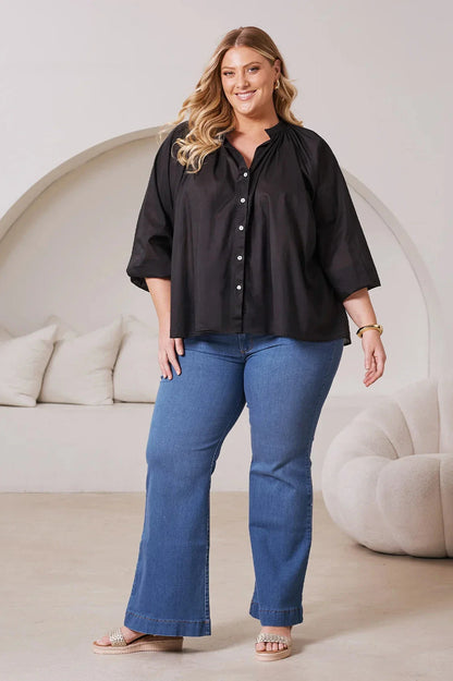 Carmen Long Sleeve Cotton Top in Black
