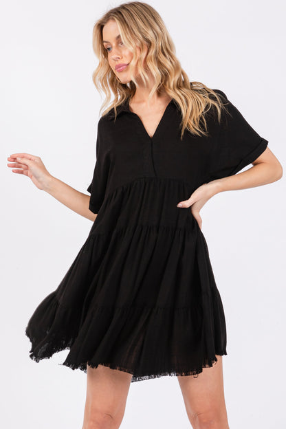 Black Tiered Linen Maternity Dress