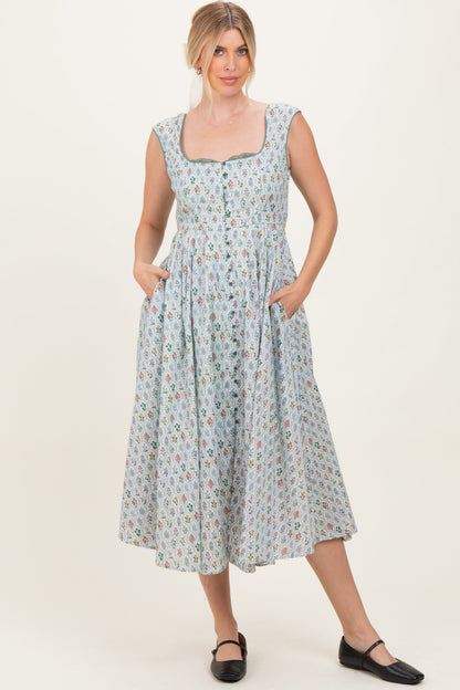 Light Blue Floral Button Front Sleeveless Maternity Maxi Dress