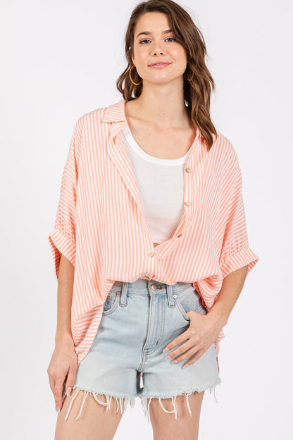 Peach Striped Button Up Dolman Maternity Top