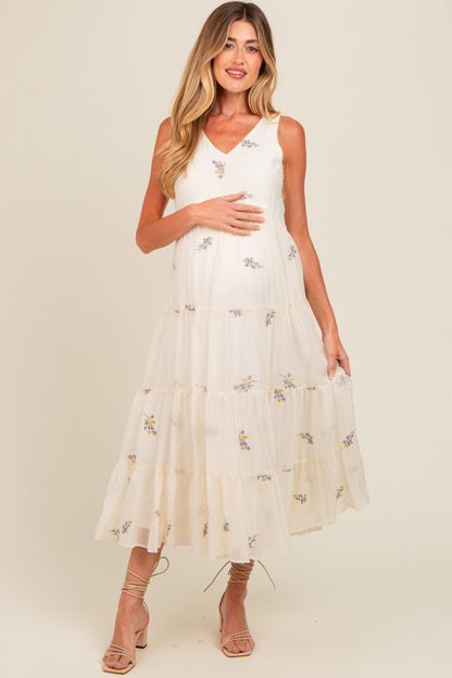 Lavender Ditsy Floral Embroidered V Neck Tiered Maternity Dress