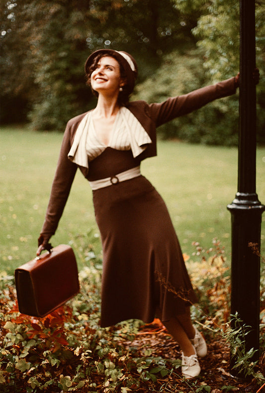 1930s Connie Dress and Crop Jacket - Brown and Oakline Stripe