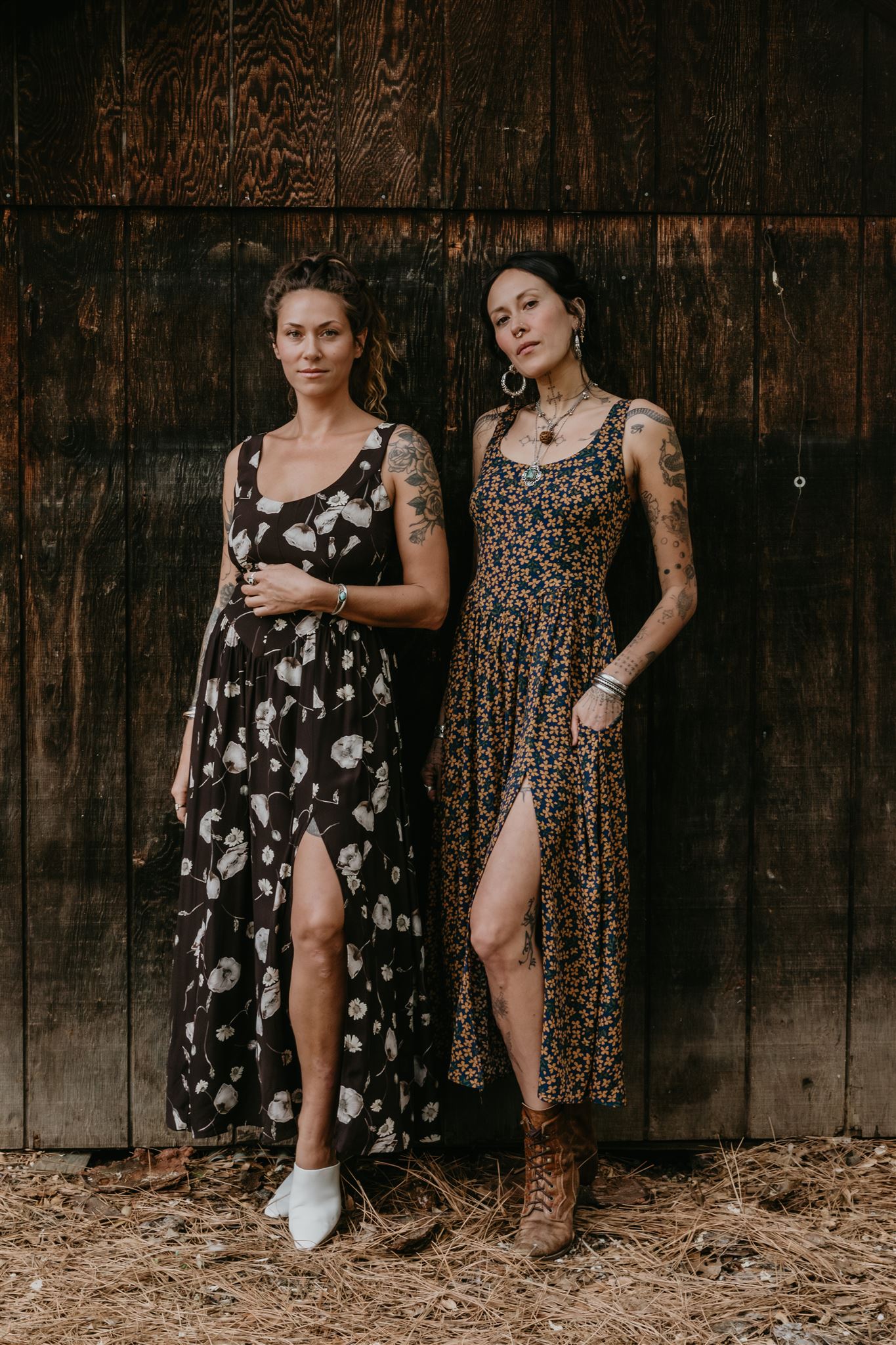 Long Agnes Dress in Blue & Brown Floral Crepe