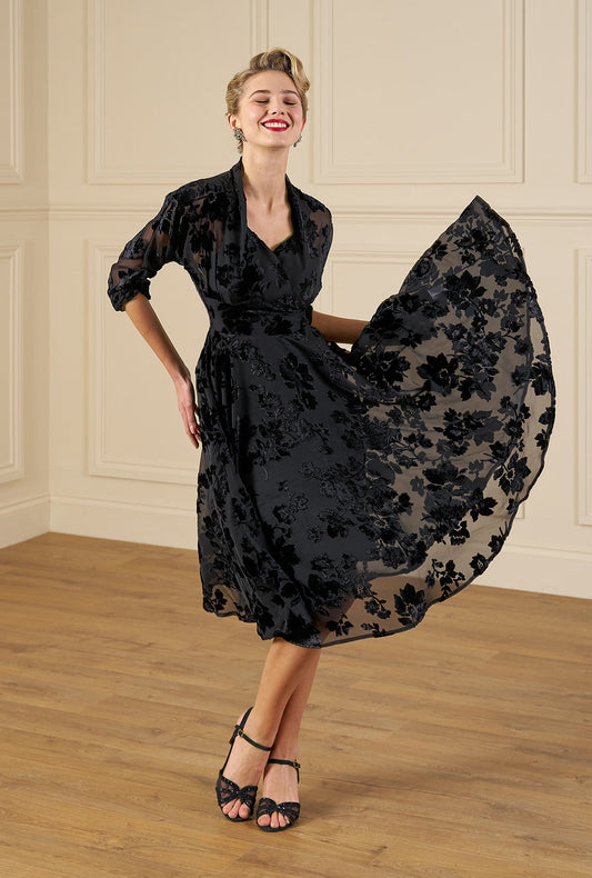 1950s Grace Dress - Black Rose Devore