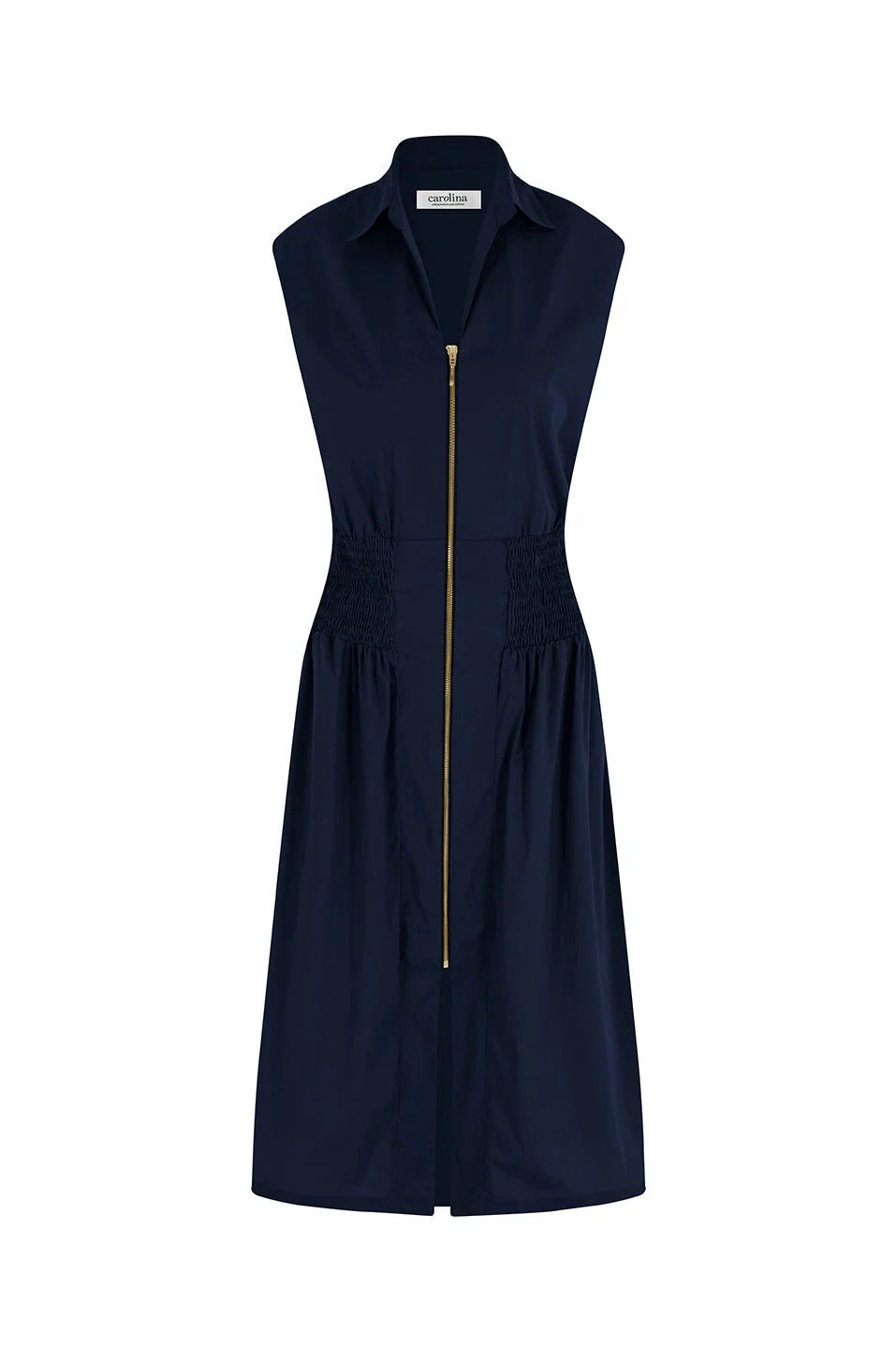 Laura Sleeveless Smocked Waist Zip Front Midi Dress Navy