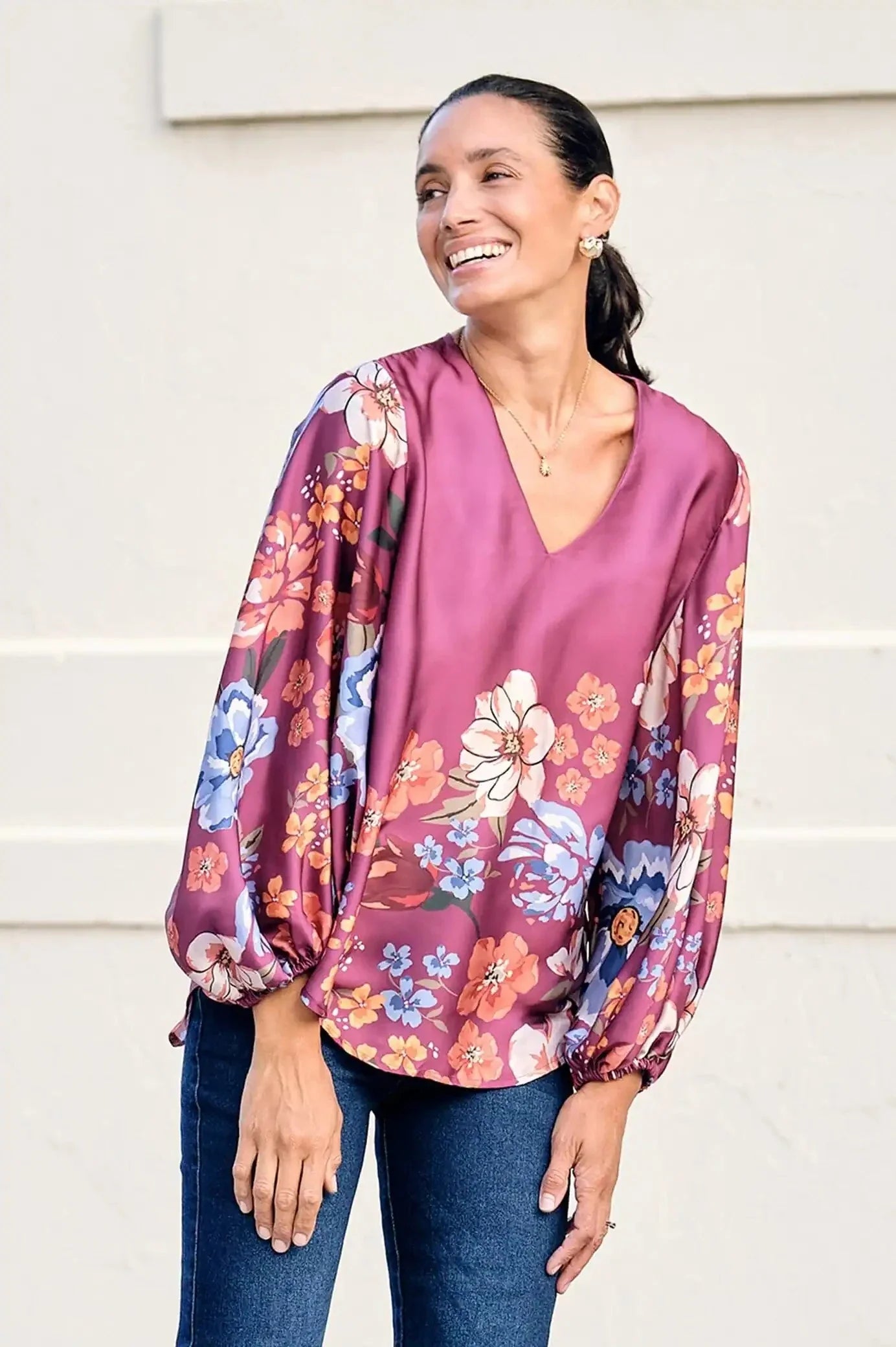Milena V-Neck Long Sleeve Top Burgundy