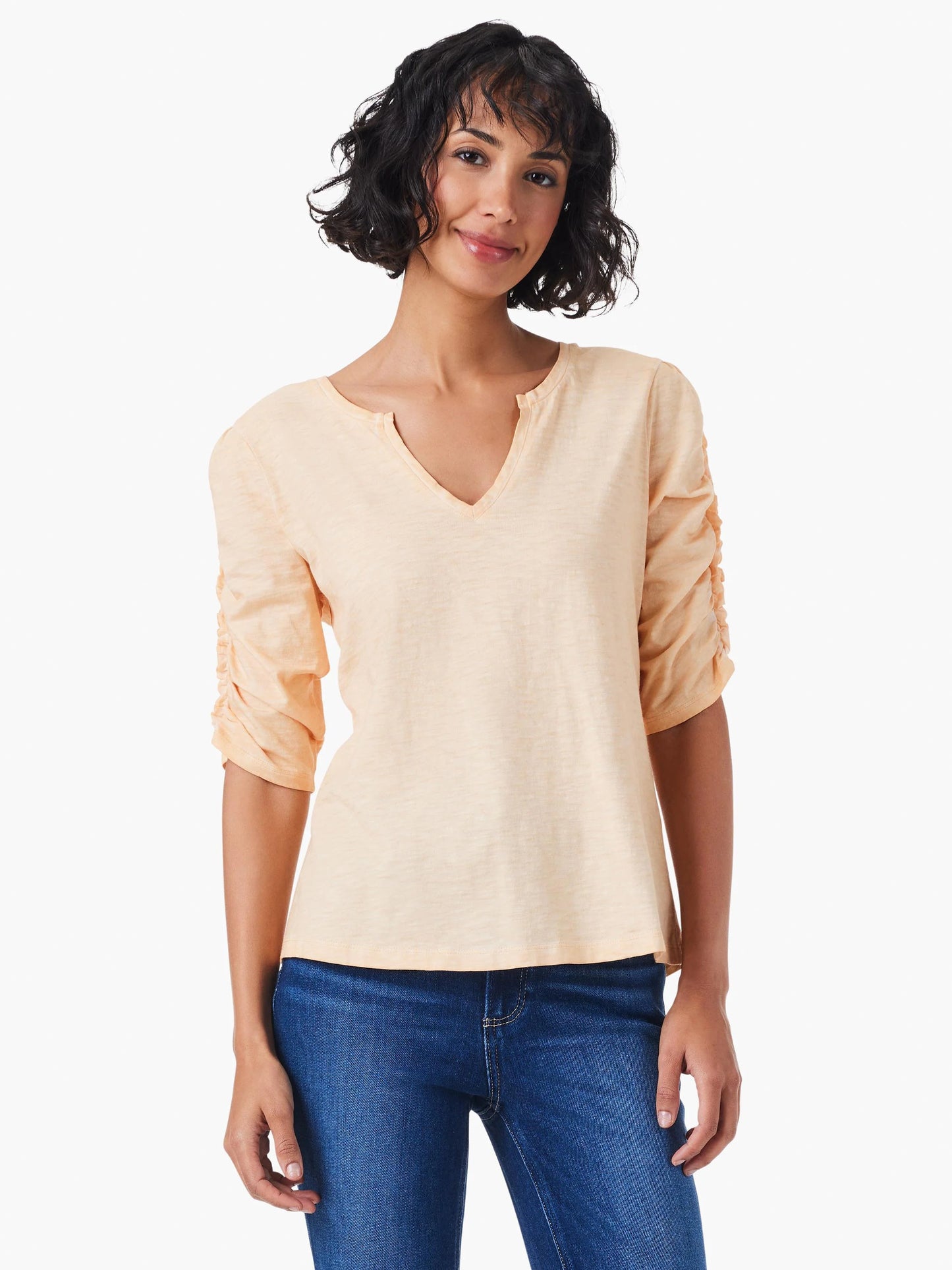 NZT Ruched Elbow Sleeve Split Neck Top