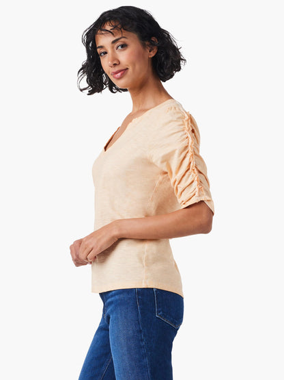 NZT Ruched Elbow Sleeve Split Neck Top