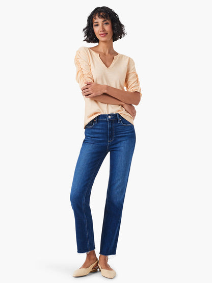 NZT Ruched Elbow Sleeve Split Neck Top
