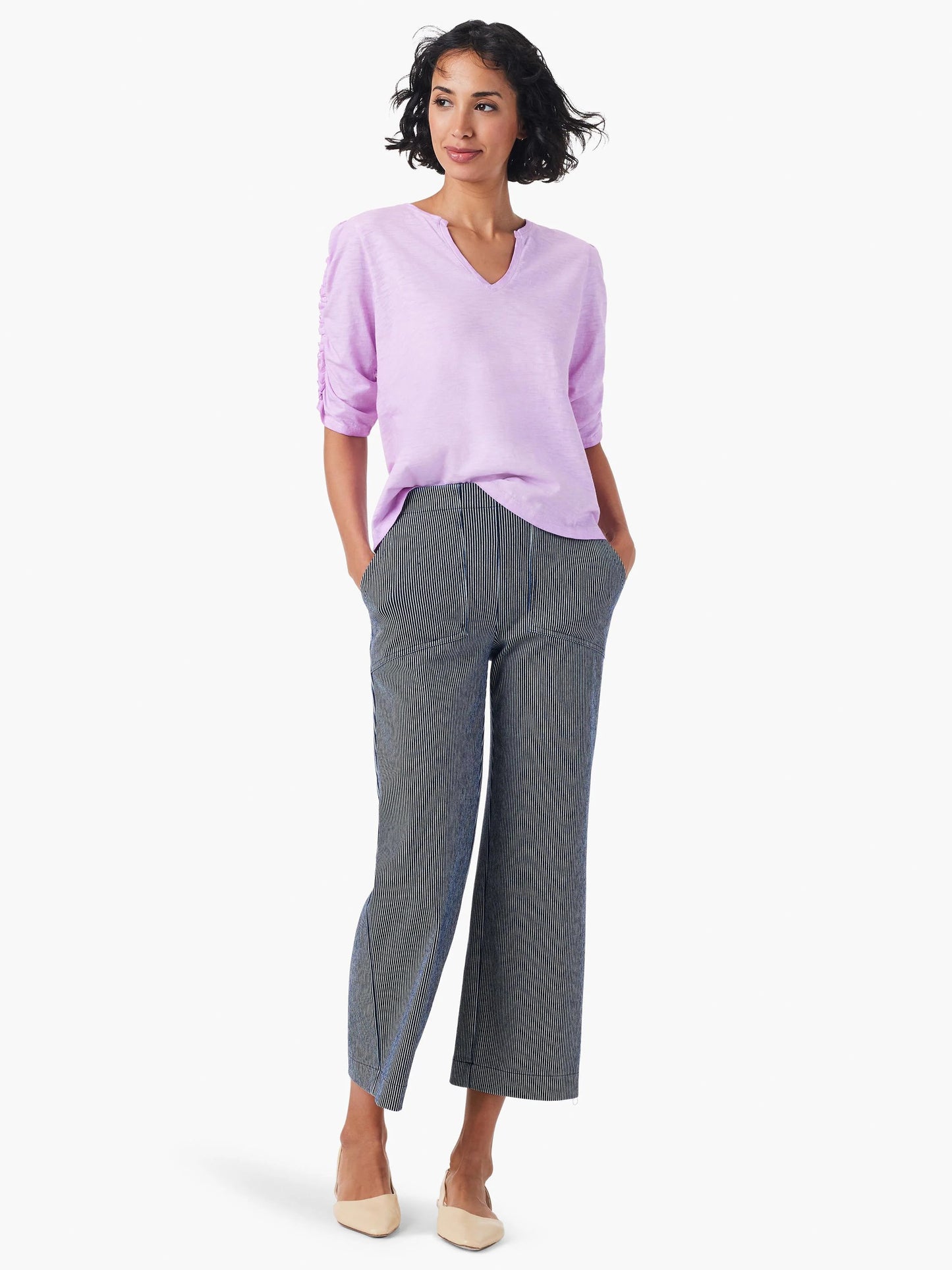 NZT Ruched Elbow Sleeve Split Neck Top