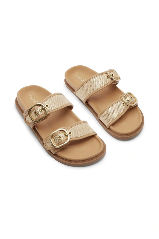Sabrina Double Strap Slide with Gold Buckle in Tan