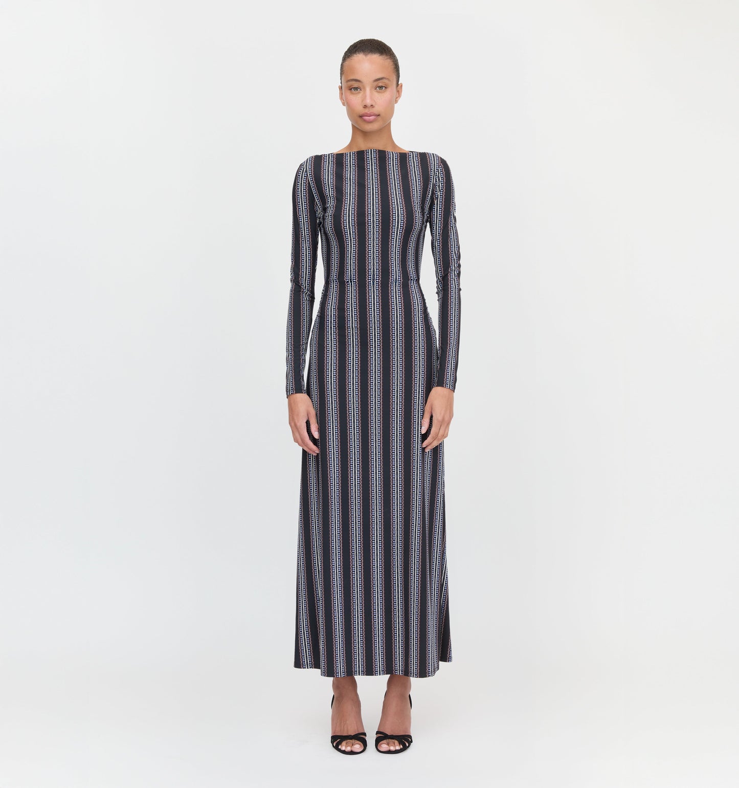 The Selene Dress - Black Cobalt Medallion Stripe