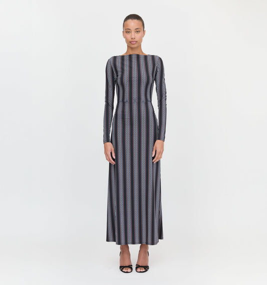 The Selene Dress - Black Cobalt Medallion Stripe