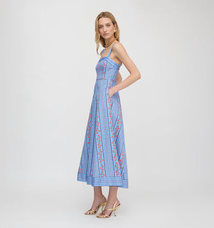 The Ezra Dress - Blue Floral Batik Stripe