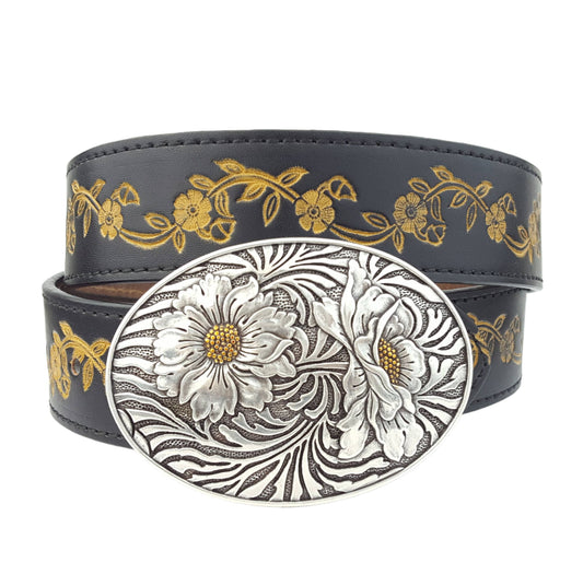 Sunflower Buckle with Vintage floral tooled belt