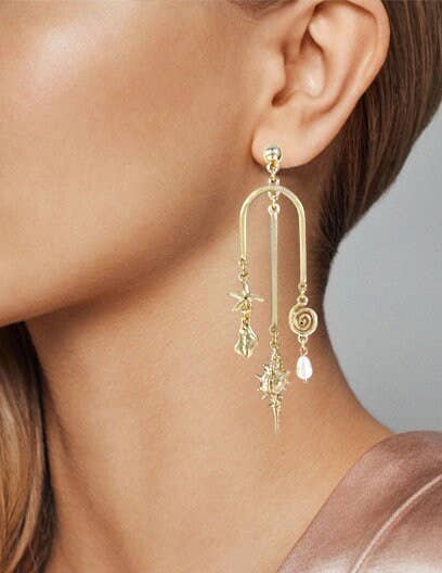 Multi Metallic Shells Dangle Drop Post Earrings