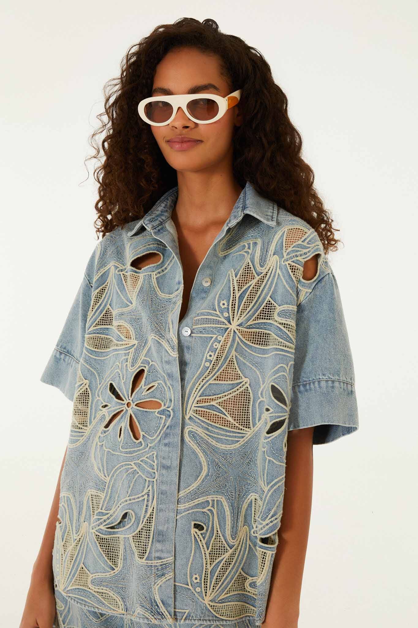 Denim Sea Desire Embroidered Short Sleeve Shirt
