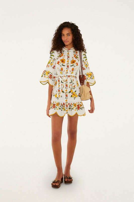 Off-White Lemon Bouquet Belted Puff Sleeve Mini Dress