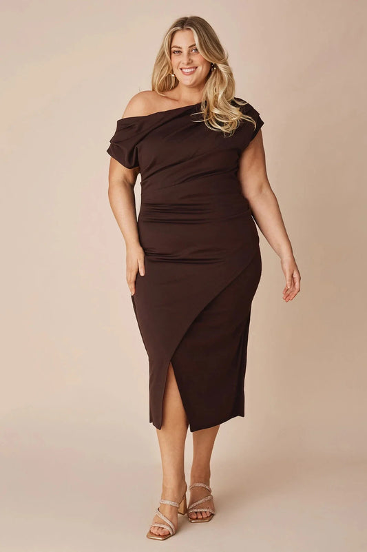 Roslyn Off Shoulder Midi Dress Chocolate Brown - Pre Order
